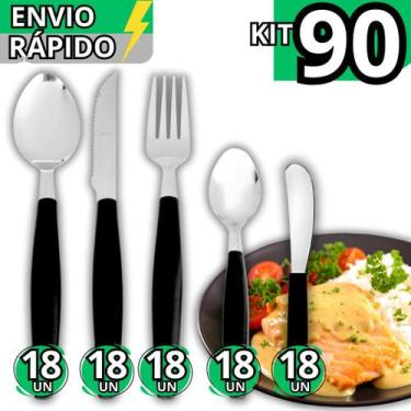 Imagem de Kit 90 Talheres Inox Cabo Plástico Garfo Faca Colher Colher de Chá Esp