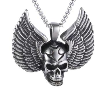 Imagem de Colar masculino punk hip hop rock caveira asa de anjo, aço inoxidável 316L, corrente quadrada de pérola de aço inoxidável prata, joia retrô talismã