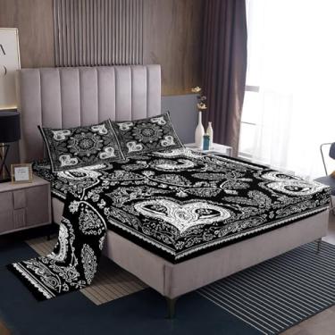 Imagem de Jogo de lençol casal com estampa de damasco vintage, estilo boêmio, 4 peças, para decoração de quarto de crianças, adolescentes, mulheres, adultos, luxuoso, preto e branco, 2 fronhas