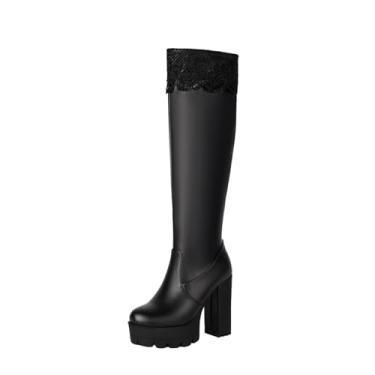 Imagem de Botas femininas de salto alto grosso de renda com emenda no meio da panturrilha para mulheres, moda casual, doce e legal, Preto, 38