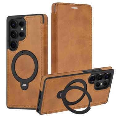 Imagem de POYUFRG Capa magnética para Samsung Galaxy S26 Ultra/S26 Plus/S26, capa flip fina de couro executivo com suporte de anel de metal e compartimentos para cartões, laranja, S26 Plus