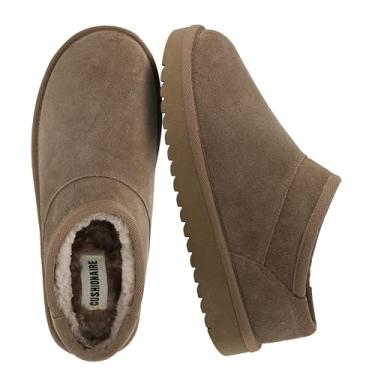 Imagem de CUSHIONAIRE Hilo-3 Pantufas femininas confortáveis de camurça, forro de pele sintética macia, sem cadarço, para casa, com espuma viscoelástica acolchoada, Cinzento-acastan, 37