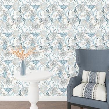 Imagem de EPPKILY Papel de parede floral azul para contato floral índigo azul peônia floral papel de parede floral vintage para quarto sala de estar papel de contato autoadesivo removível para armários forro