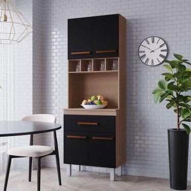 Imagem de Paneleiro Zínia 4 Portas 1 Gaveta Cozinha Mb1 200cm Cor Savana Preto