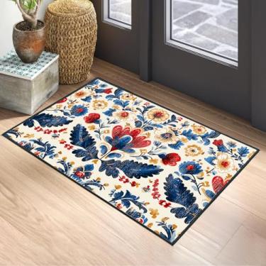 Imagem de Tapete de área floral vintage antiderrapante lavável de 6,5 x 7,5 m - Tapete de pelo baixo padrão vermelho e azul tradicional para sala de estar, quarto, cozinha, lavável à máquina pequeno tapete