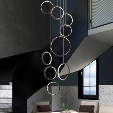 Imagem de Luminária pendente moderna de LED em formato de anel para escada, com controle remoto, em alumínio, altura ajustável, ideal para sala de estar, quarto, sala de jantar e cozinha (preta, 9 ané