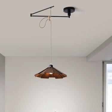 Imagem de Lustre de madeira com soquete E27, luminária pendente moderna e minimalista para sala de jantar, sala de estar, bar, ilha de cozinha, altura ajustável e lâmpada LED de luz quente (cor noguei