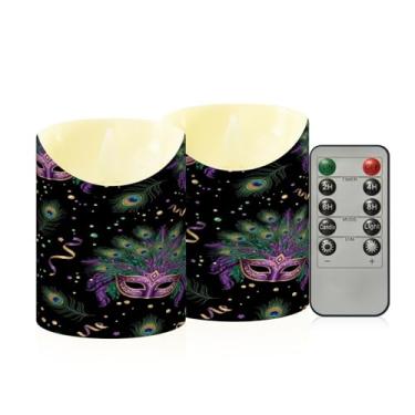 Imagem de Wassud Pacote com 2 máscaras de baile de máscaras de penas sem chamas com controle remoto, velas realistas cintilantes com temporizador, velas decorativas para Natal, casamento, festa, decoração de