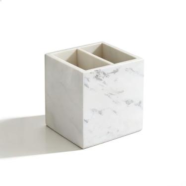Imagem de SIRIZEN-DIVING Suporte de caneta de mármore, pedra branca, organizador retangular de mesa para escritório (branco, 2 camadas)