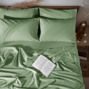 Imagem de LBRO2M Jogo de cama king 100% linho, conjunto de lençóis de 6 peças, linho natural de cor lisa, macio, respirável, bolso profundo de 40,6 cm, todas as estações (king, verde)