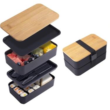 Imagem de Caixa de Lanche Bento em Camadas Estilo Grão Madeira Micro-ondável Grande Capacidade Compartimentos Empilháveis Tampa Bambu Lavável Máquina Lavar Louça PP Grau Alimentício Ideal para Estudantes Trab