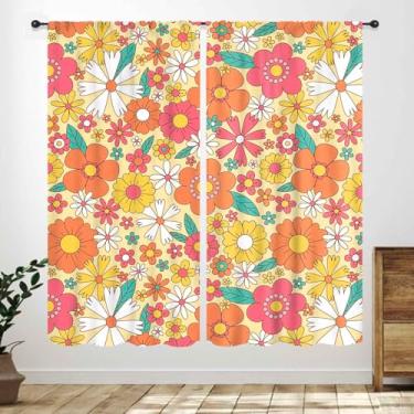 Imagem de Cortinas de flores dos anos 70 para quarto, vintage hippie estética laranja linda flor infantil meninas casa sala de estar banheiro dormitório cortinas janela conjunto de 2 peças, 42 x 45 polegadas