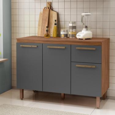 Imagem de Balcão Cozinha Pop 120 Cm Com Tampo 3 Portas E 1 Gaveta Freijó/chumbo/freijó