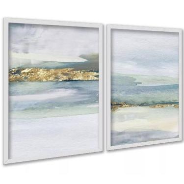 Imagem de Kit 2 Quadros Abstratos Aquarela Verde Dourado 24X18Cm