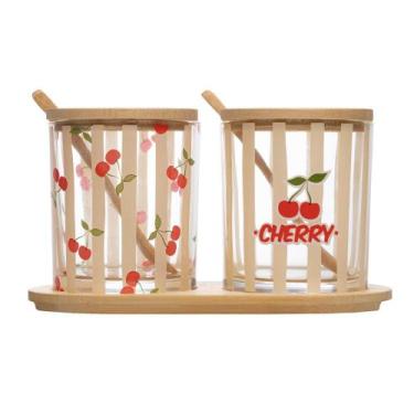 Imagem de 2 Potes Vidro colher e Bandeja Cherry 19 cm x 9,5cm Bambu - Lyor