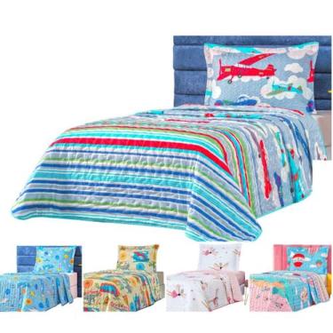 Imagem de Kit Colcha cama box solteiro infantil cobre leito dupla face cores mat