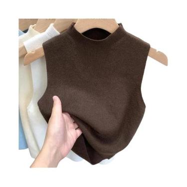 Imagem de Colete De Tricô Feminino Sem Mangas Com Gola Alta E Top Cropped Para P