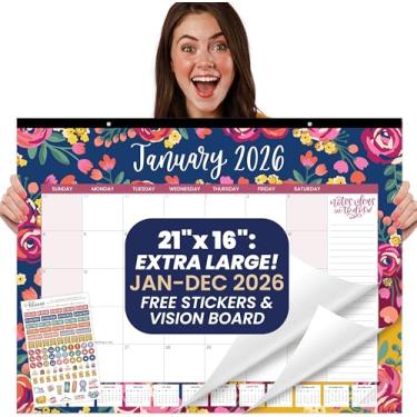 Imagem de bloom daily planners Calendário de mesa 2026 – Calendário de parede grande de janeiro a dezembro – 53 cm x 40 cm para mesa e agenda mensal suspensa com adesivos para casa ou escritório – floral