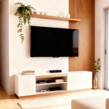 Imagem de Rack para Sala de Estar Tv 75 Polegadas e Decoração com Rodapé Branco