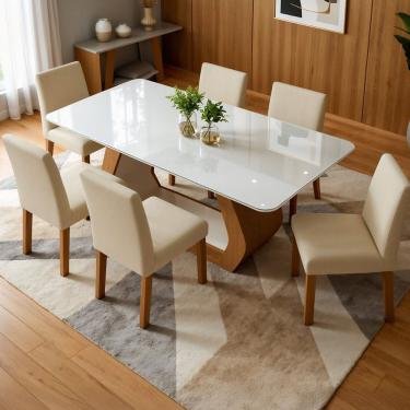 Imagem de Conjunto Mesa e Cadeiras 6 Lugares Retangular 160cmx80cm Tampo Vidro/mdf Laini Amêndoa Clean/Off White/Bege