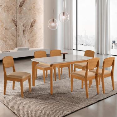 Imagem de Conjunto Sala de Jantar Mesa Dublin Tampo Mdf 180cm Canto Copo com Vidro e 6 Cadeira Cleo Yescasa Turim / Naturalle / Off White /Serig OFF