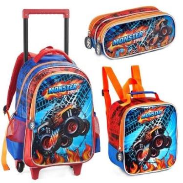 Imagem de Kit Mochila Rodinha Lancheira Estojo Duplo Escolar Infantil Carro Monster Xtreme Denlex...