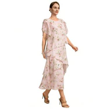 Imagem de Vestido Arsyince Flowy Chiffon, comprimento do chá, rosa floral, taman