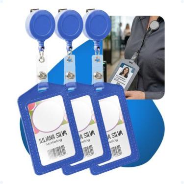 Imagem de Kit 3 Porta Crachá Vertical S/cordão Escola Cartão Bilhete - Hxt, Azul