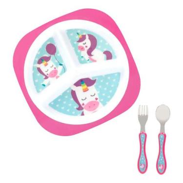 Imagem de Pratinho Rosa De Menina Divisória Talher Colher De Unicórnio - Buba