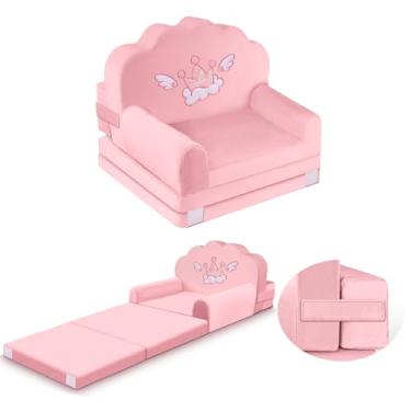 Imagem de Sofá cama infantil Crown com capa removível lavável e encosto de fita mágica – Cadeira infantil dobrável, móveis aconchegantes de veludo de cristal para brincar, cochilos e viagens (rosa claro, coroa)
