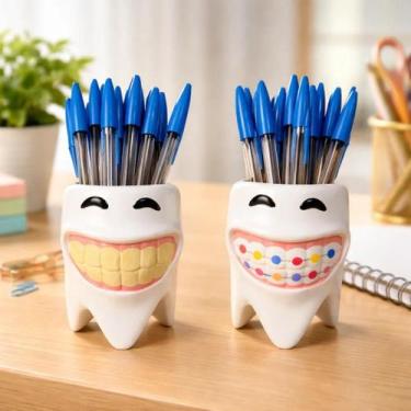 Imagem de Porta Caneta Lapis Formato De Dente Kit Com 2 Peças Ceramica - Hp Deco