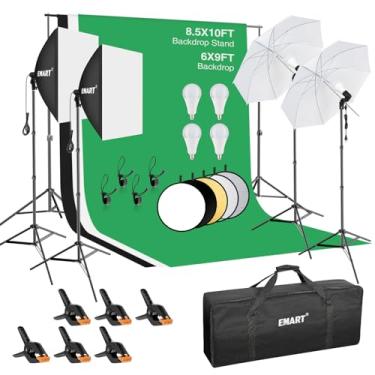 Imagem de EMART Sistema de suporte de pano de fundo de 2,6 x 3 m, kit de iluminação fotográfica profissional com LED 5500K 50W de LED, 1,8 x 2,7 m, 3 refletores, guarda-chuvas e kit de iluminação softbox para