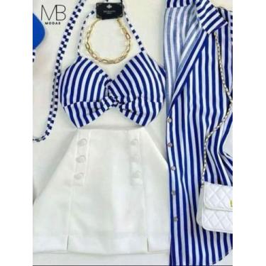 Imagem de conjunto camisa e croped feminino kimono listrado - ETEZO, Azul