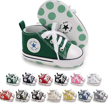 Imagem de KIDSUN Tênis unissex de cano alto para bebês meninos e meninas sola antiderrapante para recém-nascidos primeiros passos sapatos jeans de lona, A02 - verde, 12-18 Meses