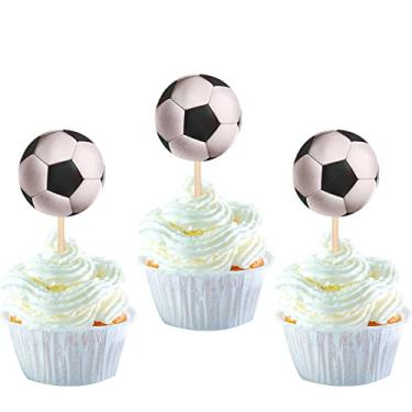 Imagem de Pacote com 24 topos de bola de futebol, tema esportivo, bolo, bolo, comida, palitos esportivos, chá de bebê, casamento, festa de aniversário, decoração de bolo, suprimentos