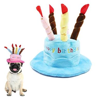 Imagem de Yajun Chapéu de aniversário de cães de pelúcia chapéu gorro de gato fofo ajustável velas coloridas boné reutilizável decoração de festa para cão pequeno médio, azul, tamanho único