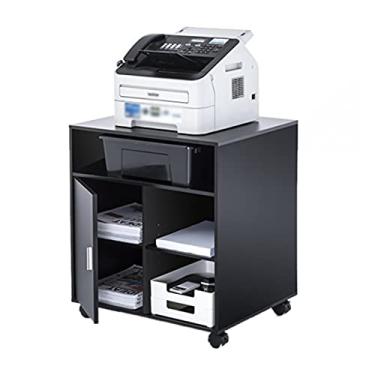 Imagem de KIZQYN Suporte de impressora 4 pisos 5 compartimentos porta única 4 rodas suporte de impressora armário de armazenamento de escritório de madeira impressora sob a mesa carrinho armário preto impressora de mesa (cor: 1)