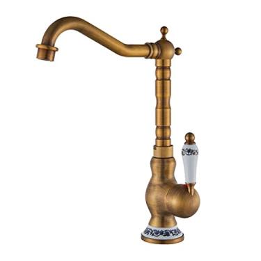 Imagem de Torneira de cozinha de latão antigo Torneira misturadora quente e fria Torneira de banheiro de furo único Guindaste giratório Punho de porcelana azul e branco, alto