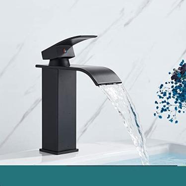 Imagem de Torneira para lavatório preta/cromada, misturador quente e frio, torneira de latão, montagem no convés, alça única, cascata, torneiras de lavagem polidas cromadas, preta A