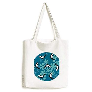 Imagem de Sacola de lona com desenho de golfinhos baleias azuis com ondas azuis bolsa de compras casual