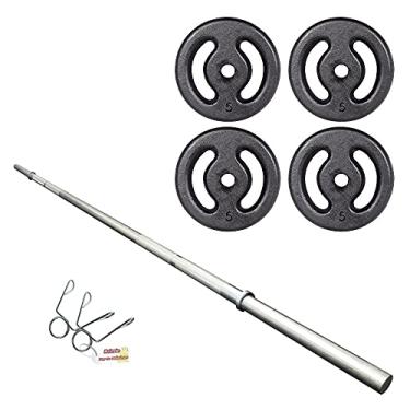 Imagem de Kit 20kg Anilhas + 1 Barra 1,80m Maciça Com Presilhas