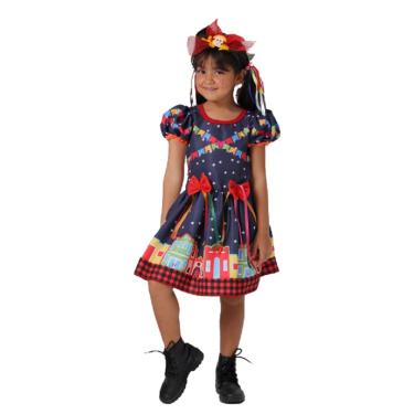 Imagem de Vestido Festa Junina Infantil Azul Estampado Dança Quadrilha