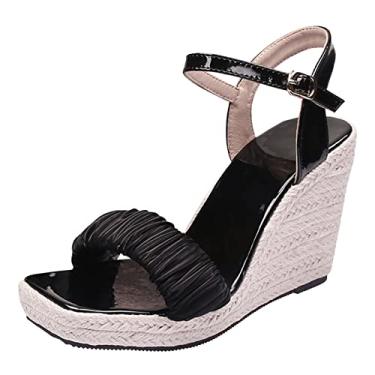 Imagem de Sandálias de plataforma de verão bico aberto salto alto femininas de palha tecida sola grossa sandálias anabela romanas com fivela sapatos (preto, 38)