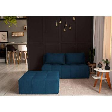 Imagem de sofá modular 2 lugares com puff soho linho azul marinho