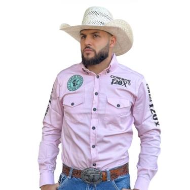 Imagem de Camisa Country Masculina Cowboy 120x Rodeio Bordada Manga Longa Texana (G, Rosa Bebe)