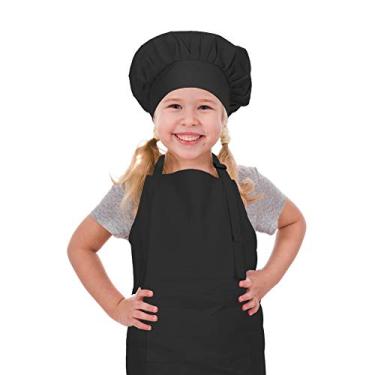Imagem de CRJHNS Kids Apron and Chef Hat Set, Adjustable Cotton Child Aprons with Large Pocket Black Girls Boys Kitchen Bib Aprons for Cooking Baking Painting
