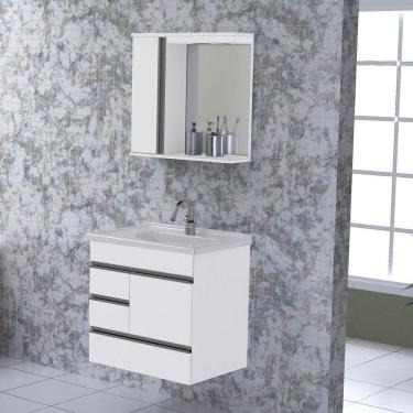 Imagem de Kit Gabinete de Banheiro Suspenso 1 Porta 3 Gavetas Espelheira 1 Porta e Cuba em Mármore Sintético A Branco Texturizado