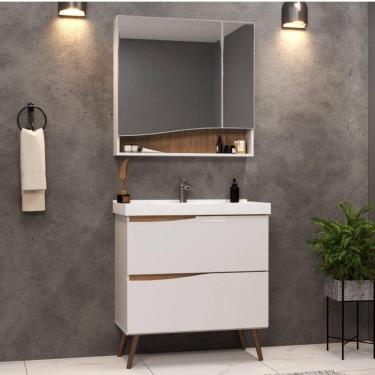Imagem de Gabinete Para Banheiro Com Pés 02 Gavetas 02 Portas e Lavatório Lille Branco/Tauari