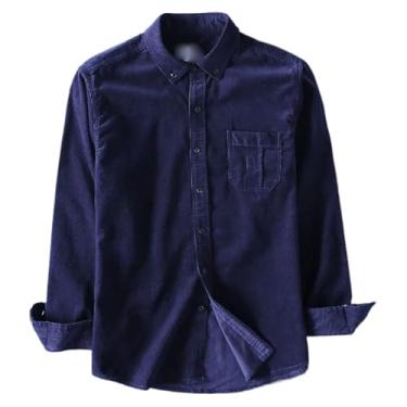 Imagem de WOLONG Camisa masculina de veludo cotelê de manga comprida, ajuste regular, gola abotoada, com bolso no peito, camisas masculinas casuais, Azul marinho, GG