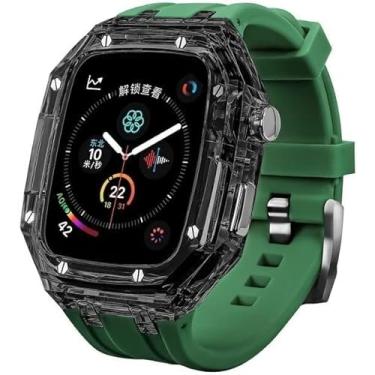 Imagem de SCHIK Kit de modificação, capa protetora transparente, pulseira de borracha para Apple Watch de 45 mm e 44 mm, pulseira de relógio colorida de designer para iWatch 8 7 6 5 4 SE (Cor: preto e verde,